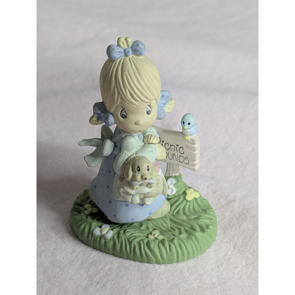 Precious Moments 1989 mini 2.25" figurine Girl with puppy dog in picnic basket